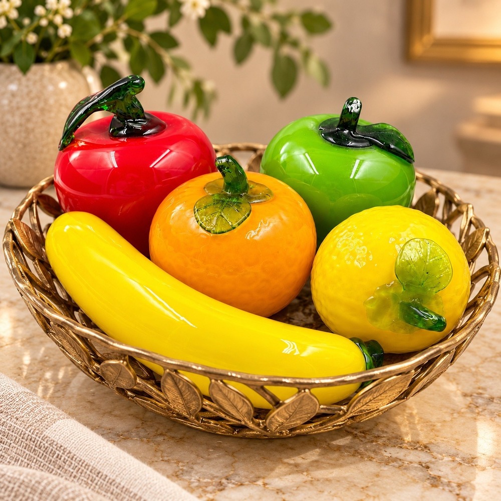 Vintage Hand Blown Art Glass Fruit Set 5pc Apple Orange Lemon Banana Decor